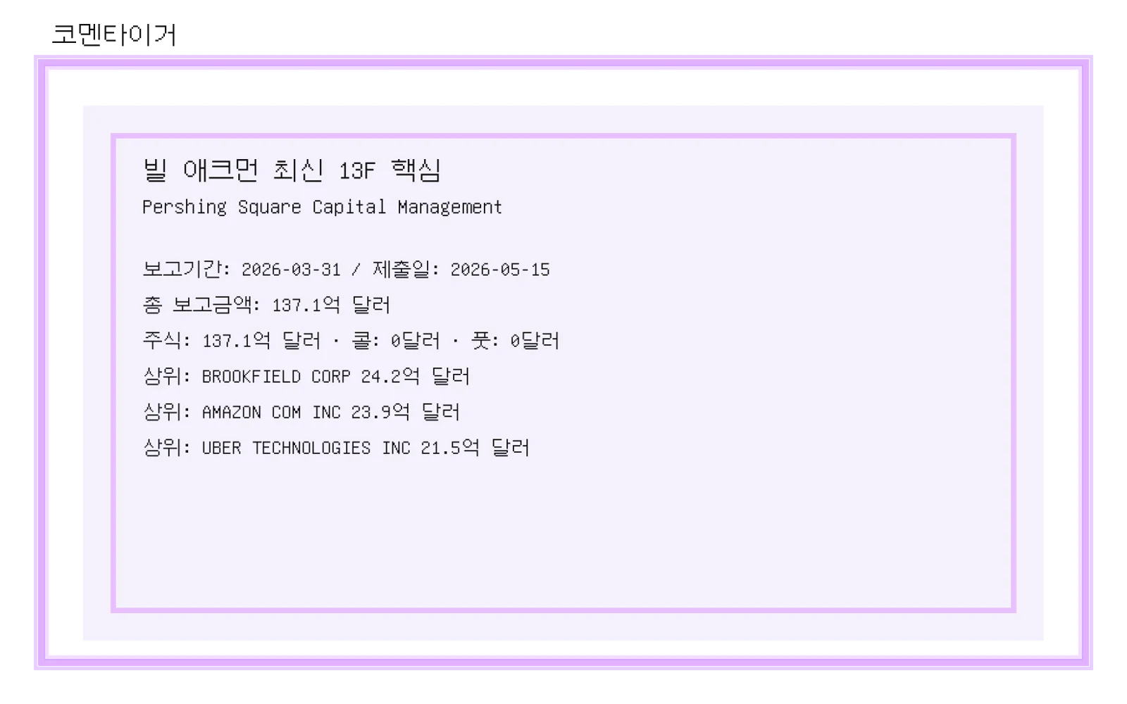 빌 애크먼 최신 13F 정리: Pershing Square Capital Management 포트폴리오에서 눈에 띄는 변화 이미지
