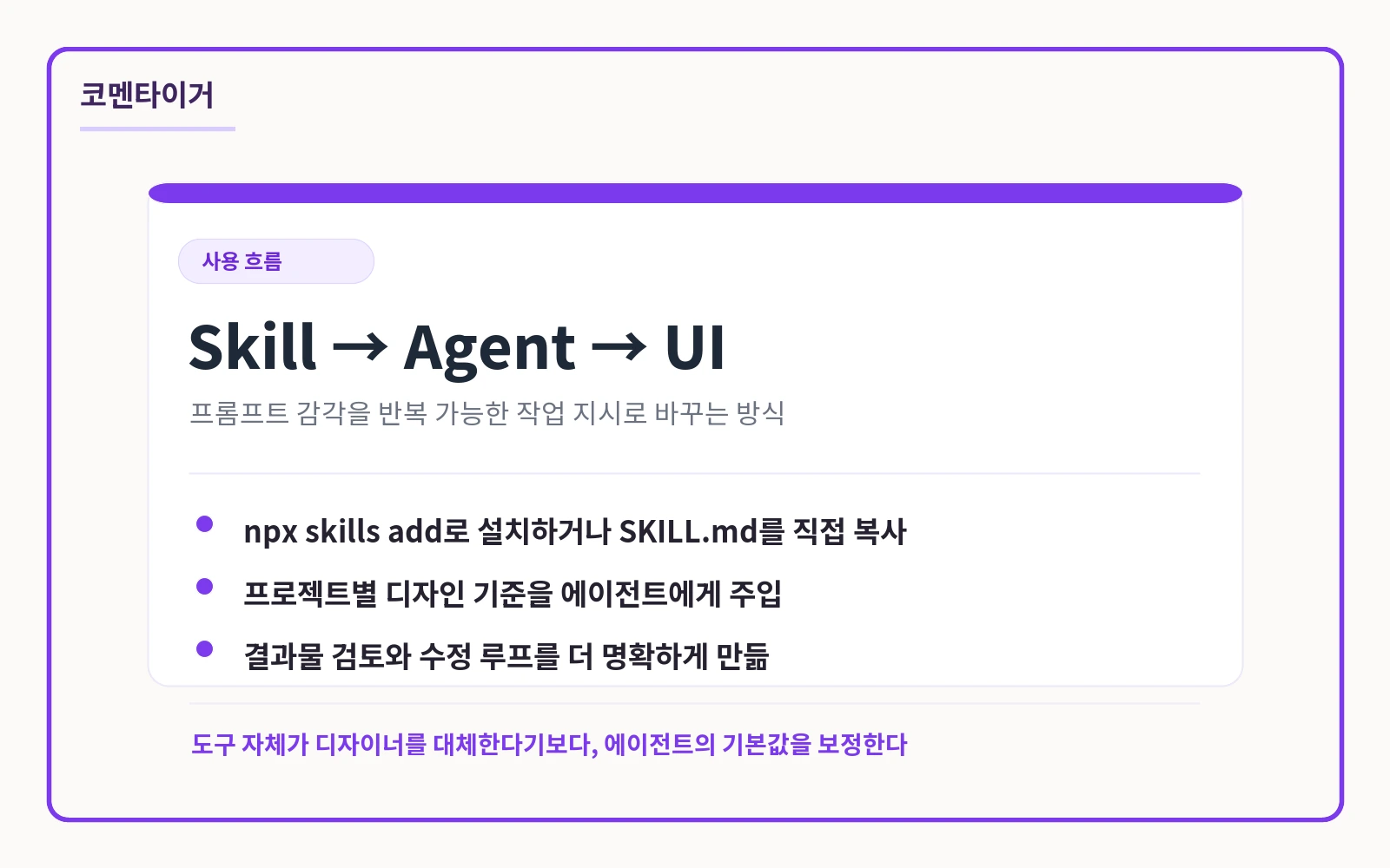 Taste Skill을 설치하고 AI 에이전트 작업에 적용하는 흐름 카드